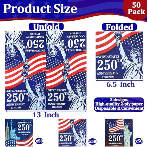 150 Piezas de Decoraciones USA 250 Aniversario, Servilletas Patrióticas 4 de Julio 6.5 x 6.5, Desechables con Bandera Americana para Fiestas y - imagen 2