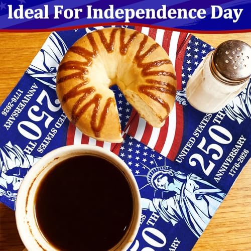 150 Piezas de Decoraciones USA 250 Aniversario, Servilletas Patrióticas 4 de Julio 6.5 x 6.5, Desechables con Bandera Americana para Fiestas y - imagen 3