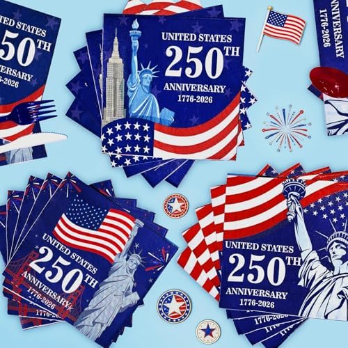 150 Piezas de Decoraciones USA 250 Aniversario, Servilletas Patrióticas 4 de Julio 6.5 x 6.5, Desechables con Bandera Americana para Fiestas y - imagen 4
