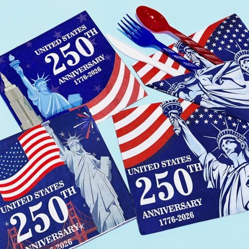 150 Piezas de Decoraciones USA 250 Aniversario, Servilletas Patrióticas 4 de Julio 6.5 x 6.5, Desechables con Bandera Americana para Fiestas y - imagen 5