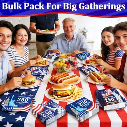 150 Piezas de Decoraciones USA 250 Aniversario, Servilletas Patrióticas 4 de Julio 6.5 x 6.5, Desechables con Bandera Americana para Fiestas y - imagen 6