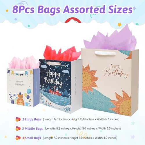 Bolsa de Regalo UOKHO para Cumpleaños con Asa y Papel de Seda, 8 Pzs de Bolsas Reutilizables en Tamaños y Diseños Variados, Grande, Mediana y Pequeña - imagen 2