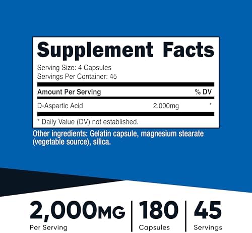 Cápsulas de Ácido D-Aspártico Nutricost 2000mg por Porción (180 Cápsulas) - Suplemento No GMO - imagen 2