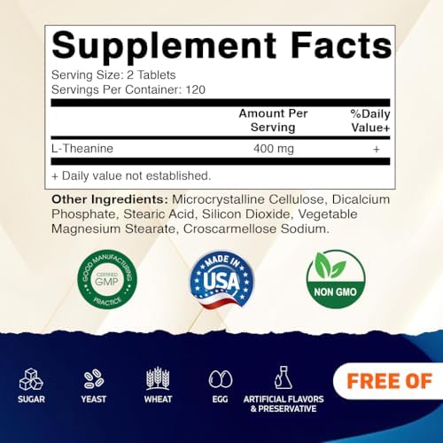 Suplemento de L-Theanine Vitamatic 400mg por Porción - 240 Tabletas - Sin OGM, Libre de Gluten - imagen 2