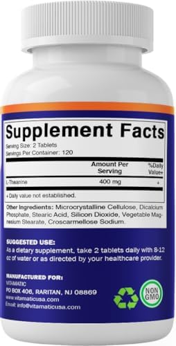 Suplemento de L-Theanine Vitamatic 400mg por Porción - 240 Tabletas - Sin OGM, Libre de Gluten - imagen 8
