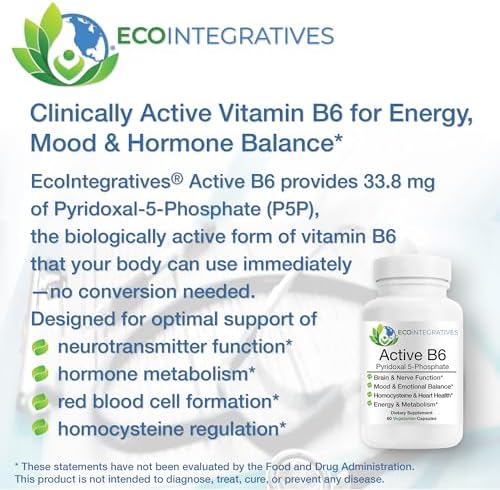 EcoIntegratives® B6 Activo – 33.8 mg de Piridoxal 5-Fosfato (P5P), Vitamina B6 de Alta Potencia para Energía, Ánimo, Nervios y Corazón – No GMO, Sin - imagen 2