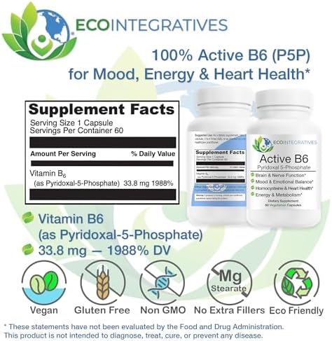 EcoIntegratives® B6 Activo – 33.8 mg de Piridoxal 5-Fosfato (P5P), Vitamina B6 de Alta Potencia para Energía, Ánimo, Nervios y Corazón – No GMO, Sin - imagen 3