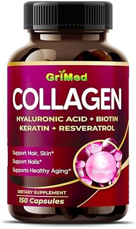 Cápsulas Orgánicas de Colágeno GriMed con Ácido Hialurónico, Biotina, Queratina y Resveratrol, Suplemento para Cabello, Piel y Uñas, 150 Contenidos - imagen 1