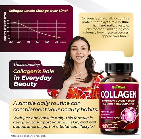 Cápsulas Orgánicas de Colágeno GriMed con Ácido Hialurónico, Biotina, Queratina y Resveratrol, Suplemento para Cabello, Piel y Uñas, 150 Contenidos - imagen 3