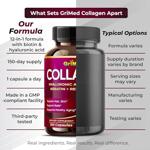 Cápsulas Orgánicas de Colágeno GriMed con Ácido Hialurónico, Biotina, Queratina y Resveratrol, Suplemento para Cabello, Piel y Uñas, 150 Contenidos - imagen 6