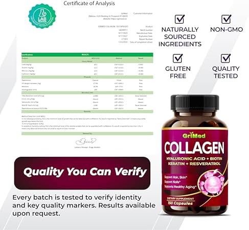 Cápsulas Orgánicas de Colágeno GriMed con Ácido Hialurónico, Biotina, Queratina y Resveratrol, Suplemento para Cabello, Piel y Uñas, 150 Contenidos - imagen 8