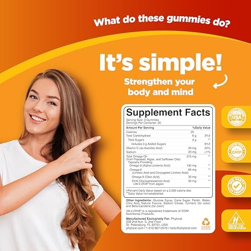 Gomitas DHA Omega 3 para Adultos - Suplemento Vegetariano de Ácidos Grasos Esenciales con Semilla de Lino - 60 Unidades para Energía e Inmunidad - imagen 3