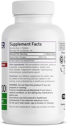 Vinagre de Sidra de Manzana Bronson 3000 MG por Porción - Extra Fuerte, No GMO, 200 Tabletas Vegetarianas - imagen 2