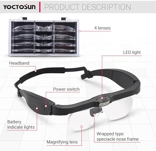 Lentes de Aumento YOCTOSUN con Luz, Lentes de Cabeza Recargables con 3 LED y Lentes Desmontables 1.5X, 2.5X, 3.5X, 5X para Manualidades y Joyería - imagen 2