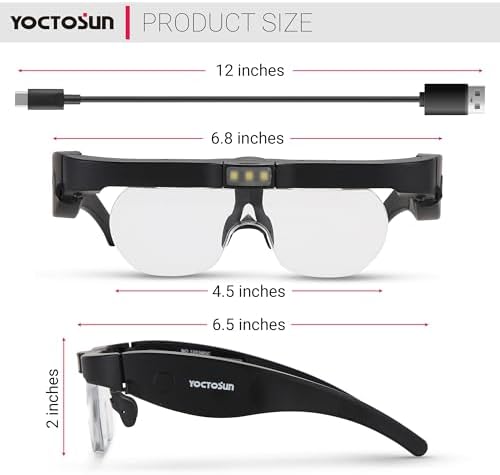 Lentes de Aumento YOCTOSUN con Luz, Lentes de Cabeza Recargables con 3 LED y Lentes Desmontables 1.5X, 2.5X, 3.5X, 5X para Manualidades y Joyería - imagen 6