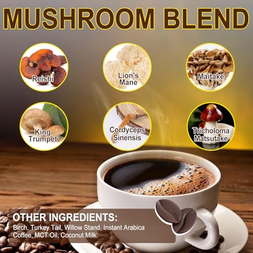 Café de Champiñones Orgánico (235g), Mezcla de 10 Superalimentos para Energía, Recuperación y Concentración, Polvo Instantáneo con Melena de León, - imagen 4