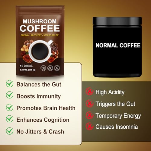 Café de Champiñones Orgánico (235g), Mezcla de 10 Superalimentos para Energía, Recuperación y Concentración, Polvo Instantáneo con Melena de León, - imagen 5