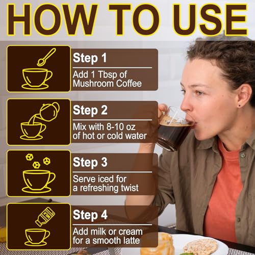Café de Champiñones Orgánico (235g), Mezcla de 10 Superalimentos para Energía, Recuperación y Concentración, Polvo Instantáneo con Melena de León, - imagen 6