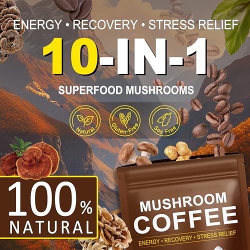 Café de Champiñones Orgánico (235g), Mezcla de 10 Superalimentos para Energía, Recuperación y Concentración, Polvo Instantáneo con Melena de León, - imagen 7