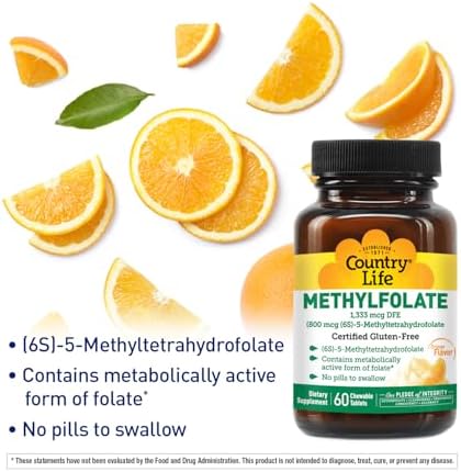 Tabletas Masticables de Methylfolato Country Life - Folato Metabólicamente Activo - Sabor Naranja - Sin Gluten - Suaves y Veganas - Vitaminas para - imagen 2