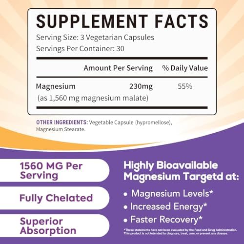 Surebounty Malato de Magnesio, 230mg de Magnesio Elemental por Porción, Totalmente Quelado, Máxima Absorción y Biodisponibilidad, No GMO, Energía, - imagen 2