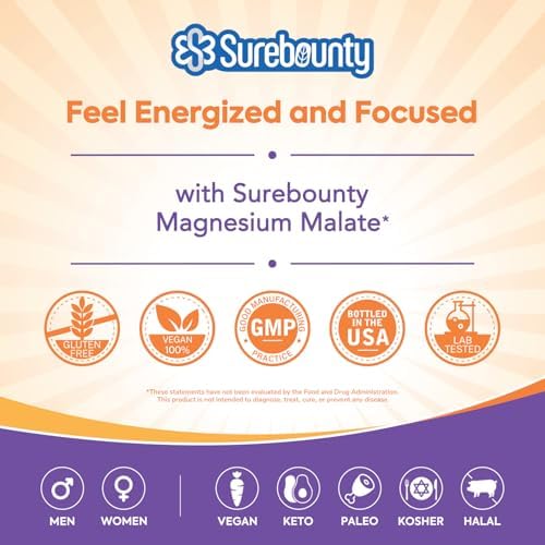 Surebounty Malato de Magnesio, 230mg de Magnesio Elemental por Porción, Totalmente Quelado, Máxima Absorción y Biodisponibilidad, No GMO, Energía, - imagen 7