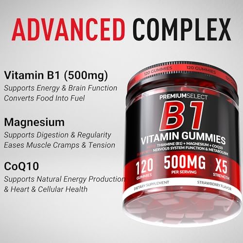 Gomitas de Vitamina B1 Premium Select Nutrition – Suplemento de Tiamina Sin Azúcar con CoQ10 y Magnesio – 120 Gomitas para Adultos, Suministro para 2 - imagen 3