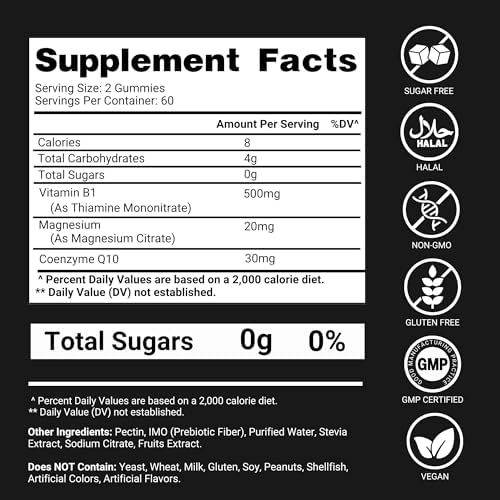 Gomitas de Vitamina B1 Premium Select Nutrition – Suplemento de Tiamina Sin Azúcar con CoQ10 y Magnesio – 120 Gomitas para Adultos, Suministro para 2 - imagen 7