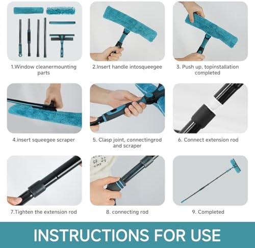 Herramienta de limpieza de ventanas Buysenton 2 en 1 con extensión de 62, cabezal rotatable y flexible, kit de limpieza para vidrio de auto, ducha y - imagen 2