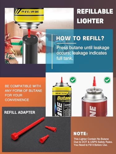 Encendedor a Prueba de Viento Butano Recargable Jet Flame para Cocinar, Chimenea, Camping y BBQ - Regalo para Hombre (Sin Combustible) Negro - imagen 5