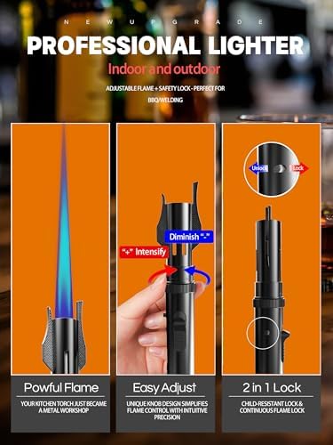 Encendedor a Prueba de Viento Butano Recargable Jet Flame para Cocinar, Chimenea, Camping y BBQ - Regalo para Hombre (Sin Combustible) Negro - imagen 6