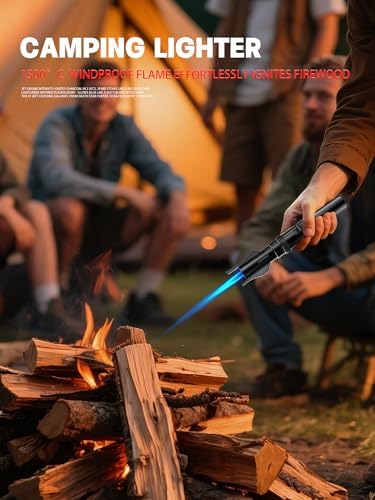 Encendedor a Prueba de Viento Butano Recargable Jet Flame para Cocinar, Chimenea, Camping y BBQ - Regalo para Hombre (Sin Combustible) Negro - imagen 7