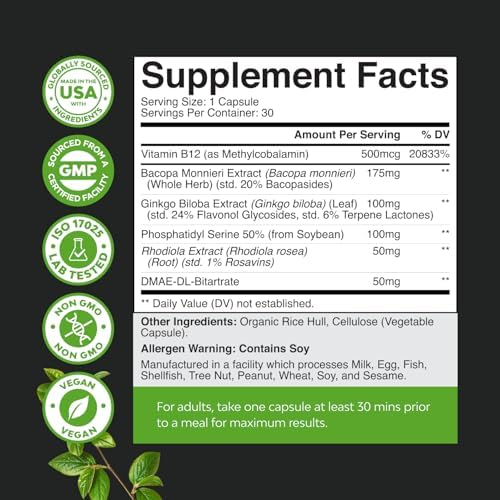 Suplemento Nootrópico para la Memoria - Pastillas para Potenciar el Cerebro y Aumentar Energía Natural - B12, Bacopa Monnieri, Rhodiola, DMAE, Ginkgo - imagen 3