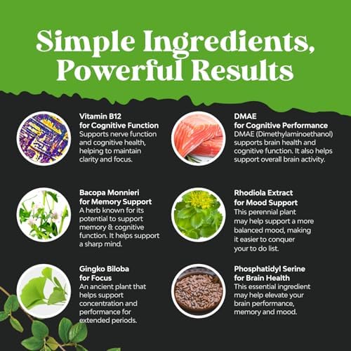 Suplemento Nootrópico para la Memoria - Pastillas para Potenciar el Cerebro y Aumentar Energía Natural - B12, Bacopa Monnieri, Rhodiola, DMAE, Ginkgo - imagen 6