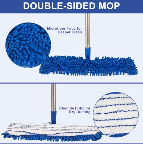 Mopa de Microfibra para Limpieza de Pisos - Almohadillas Lavables de Doble Cara, Mango de Acero Inoxidable Ajustable (30.7-56.7) - Uso Húmedo/Seco - imagen 7