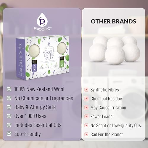 Pelotas de Secado de Lana Pursonic 4-Pack con Aroma de Lavanda y Menta - Bolas Suavizantes Reutilizables de Lana de Nueva Zelanda - 2.75 de Diámetro - imagen 5