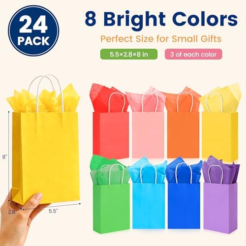 Bolsas de Regalo LovesTown 24 Piezas con Papel de Seda, 5.5x2.75x7.8 Pulgadas, Bolsitas con Asas en 8 Colores para Cumpleaños y Bodas - imagen 2