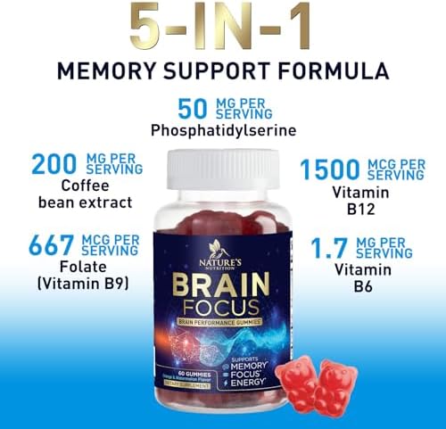 Suplementos para la Memoria y Concentración con Fosfatidilserina, Gummy Nootrópico para la Salud Cerebral, Soporte Cognitivo y Vitaminas B6 y B12 - - imagen 3