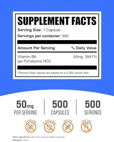 Cápsulas de Vitamina B6 BulkSupplements.com - 50mg de Piridoxina HCl, 1 Cápsula por Porción, 500 Cápsulas (Paquete de 1) - imagen 2
