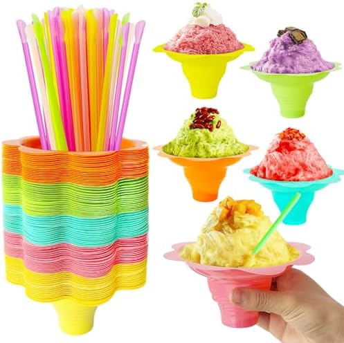 Jnnzzggu 200 Pzs Vasos de Nieve Coloridos con Cucharas y Popotes, Vasos de Plástico Reutilizables para Helados, Fiestas y Verano - imagen 1