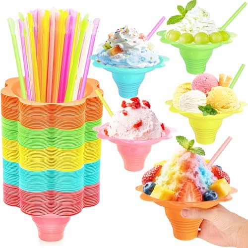 Jnnzzggu 200 Pzs Vasos de Nieve Coloridos con Cucharas y Popotes, Vasos de Plástico Reutilizables para Helados, Fiestas y Verano - imagen 8
