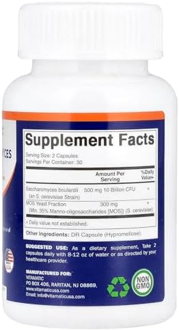 Vitamatic Saccharomyces Boulardii Probiótico 10B por Porción + Extracto de Levadura (Fracción MOS) 300 mg - 60 Cápsulas DR - Hecho en EE. UU. - imagen 2