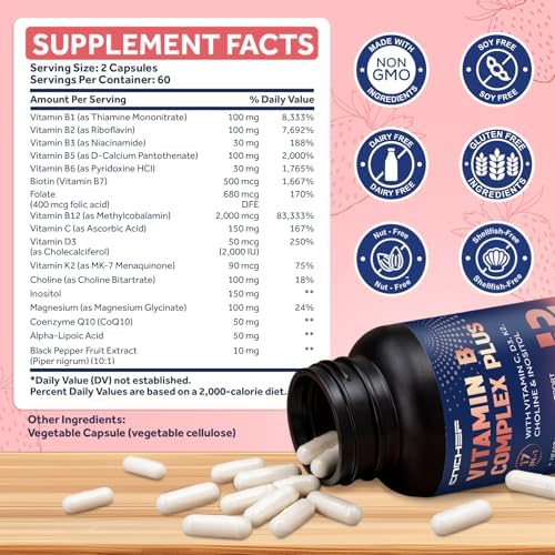 CNCHEF Complejo de Vitaminas B 17 en 1 – B1, B2, B3, B4, B5, B6, B7 (Biotina), B8 (Inositol), B9, B12, C, D3, K2, Apoyo Energético, Inmunológico, - imagen 2