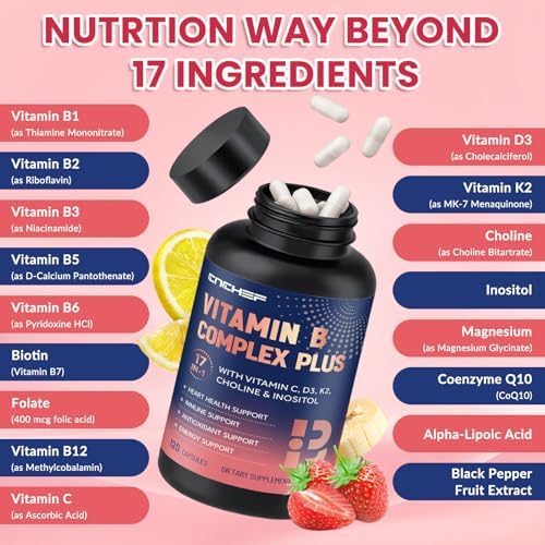 CNCHEF Complejo de Vitaminas B 17 en 1 – B1, B2, B3, B4, B5, B6, B7 (Biotina), B8 (Inositol), B9, B12, C, D3, K2, Apoyo Energético, Inmunológico, - imagen 5