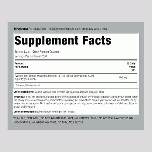 Suplemento de Pygeum Piping Rock | 200 Cápsulas | Extra Fuerte | Para Hombres y Mujeres | Extracto de Corteza de Pygeum Africanum | Sin OGM, Sin - imagen 2