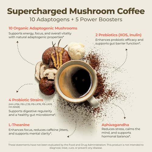 Café de Hongos 10 Variedades con Probióticos (Melena de León, Cordyceps, Cola de Pavo y Más), Suplemento Instantáneo de Ashwagandha para Energía y - imagen 3