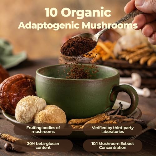 Café de Hongos 10 Variedades con Probióticos (Melena de León, Cordyceps, Cola de Pavo y Más), Suplemento Instantáneo de Ashwagandha para Energía y - imagen 5