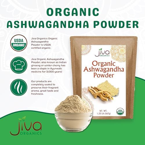 Jiva Organics Polvo de Raíz de Ashwagandha 1.25 lb (20 oz) - Sin Gluten, Ginseng Indio, Crudo, Puro, No OGM, Probado en Laboratorio - imagen 2