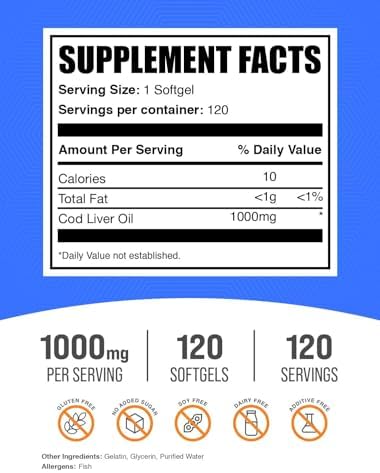 BulkSupplements.com Aceite de Hígado de Bacalao en Softgels - Suplemento Nutricional, Libre de Gluten, 1 Softgel por Porción (1000mg), 120 Contenido - imagen 2