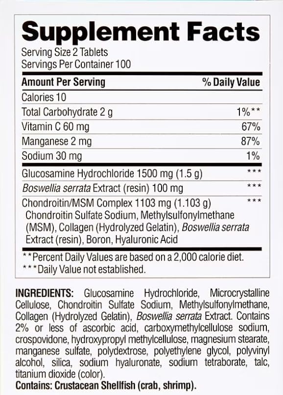 Berkley Jensen Suplemento para Articulaciones Triple Fuerza Glucosamina, Condroitina, MSM y Boswellia 2703 mg, 200 Tabletas, Certificado NSF - imagen 3